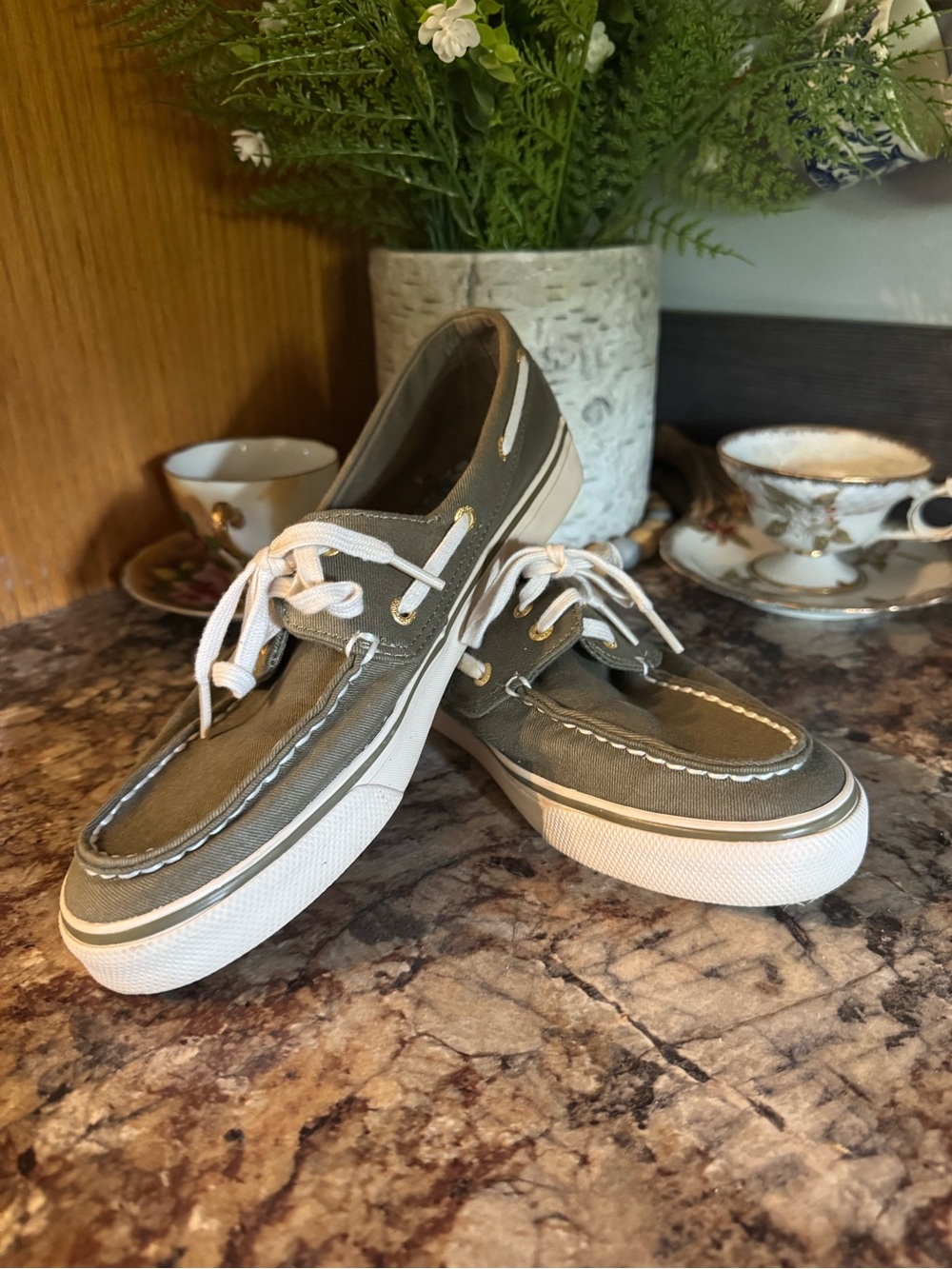 Sperry Olive Green Canvas Boat Sneakers with White Soles